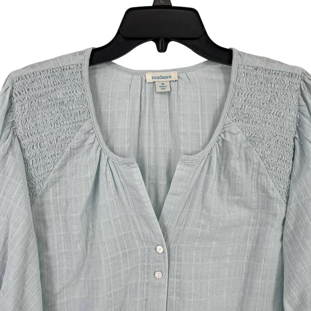 Sundance Larissa Smocked Balloon Sleeve Shirt Womens Size Medium Blue Metallic - Picture 2 of 7